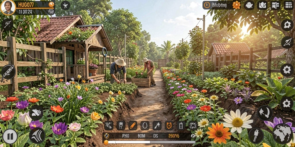 Tampilan menarik dari gameplay HUGO77 yang menampilkan kebun indah.