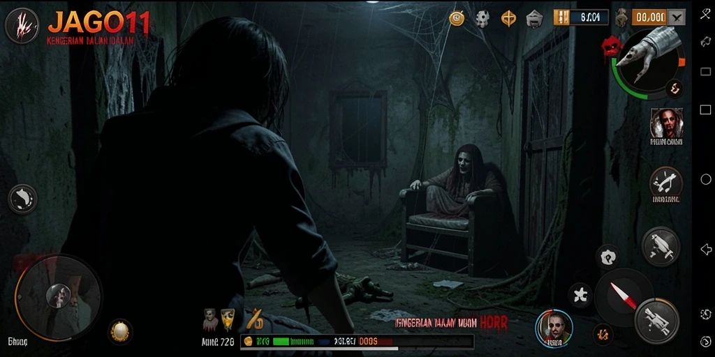 Tangkapan layar dari gameplay JAGO11 yang mencekam dengan suasana horor.