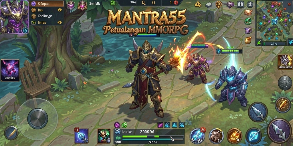 Screenshot gameplay MANTRA55 yang menampilkan aksi pertempuran MMORPG.