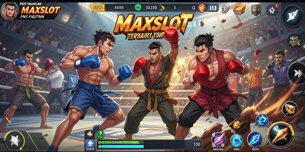 Screenshot gameplay <strong>MAXSLOT</strong> menunjukkan pertarungan seru antara karakter berbeda.