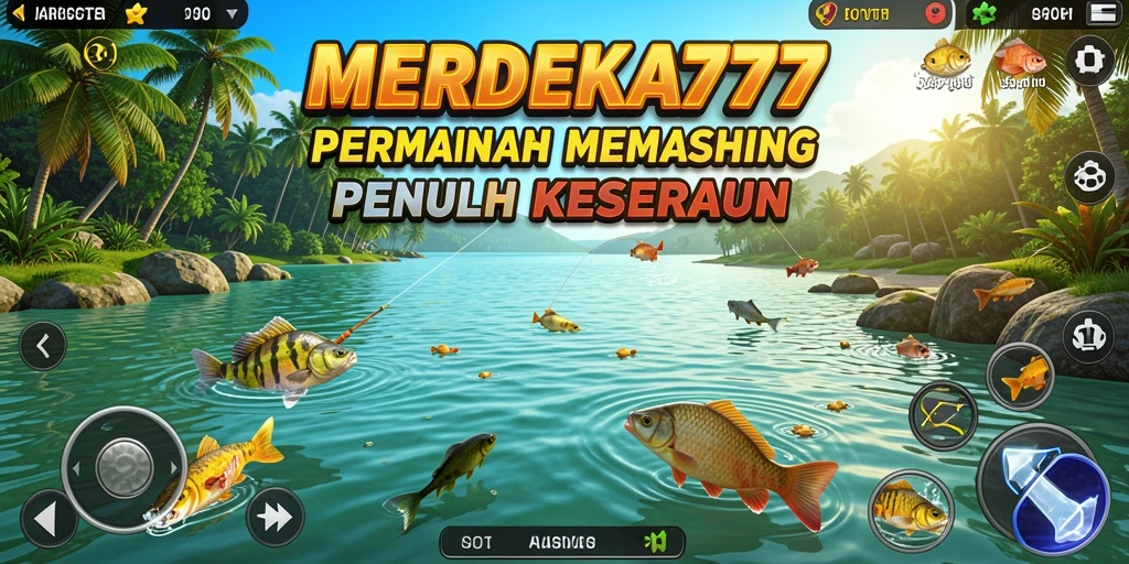 Screenshot gameplay MERDEKA777 menampilkan keseruan memancing dengan tampilan ikan berwarna-warni.