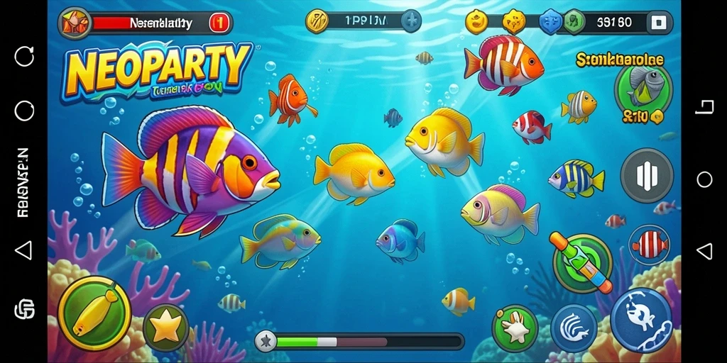 Screenshot gameplay NEOPARTY menampilkan aksi seru menembak ikan.