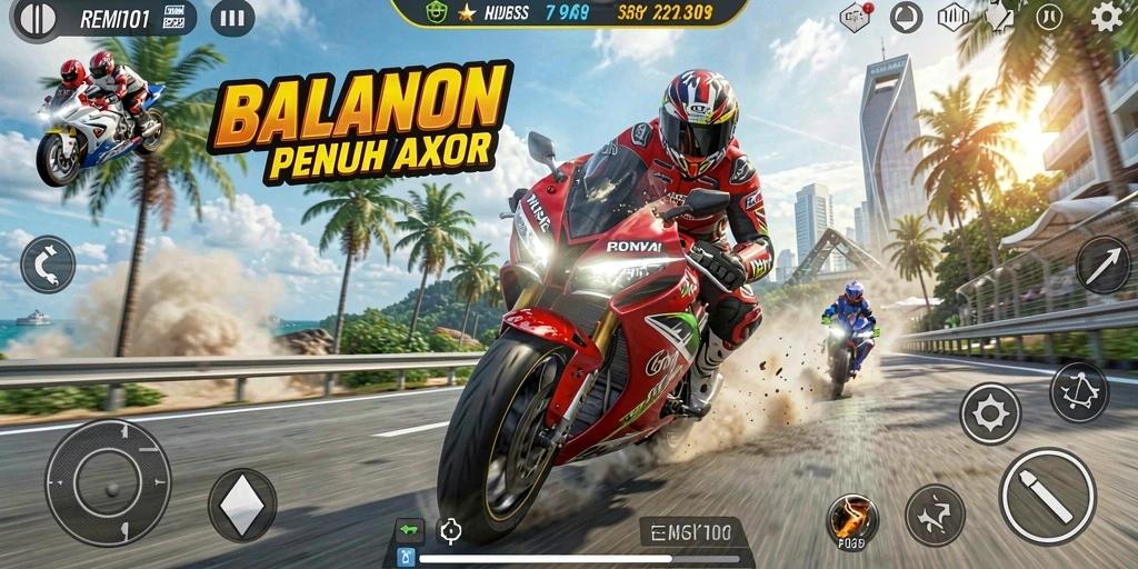 Screenshot gameplay REMI101 menunjukkan aksi balapan motor yang mendebarkan.
