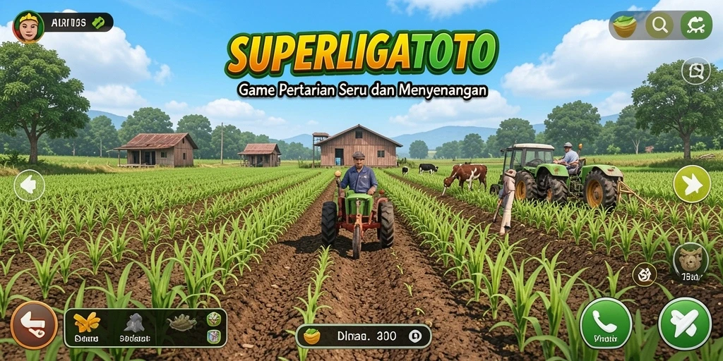 Tampilan gameplay SUPERLIGATOTO dengan ladang subur dan berbagai hewan ternak.