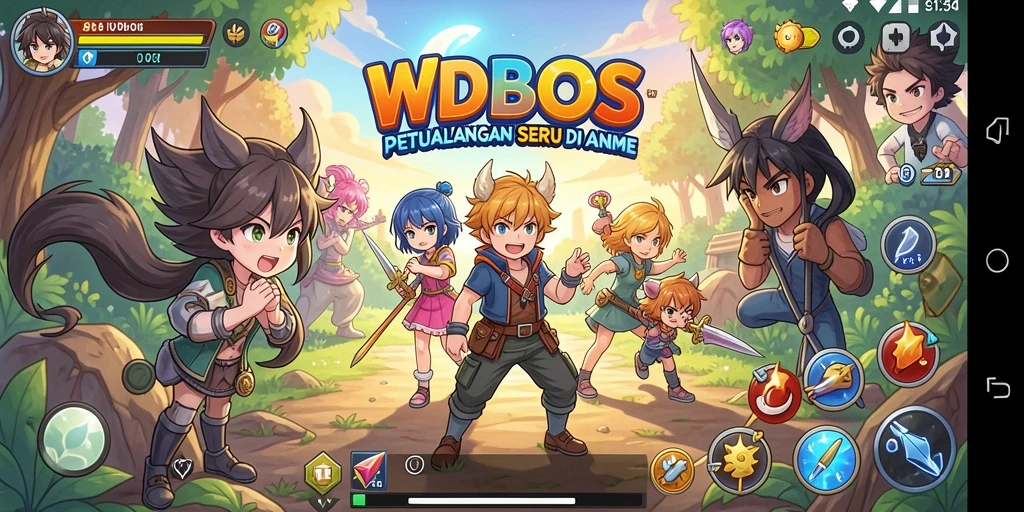Screenshot gameplay WDBOS yang menampilkan karakter anime heroik.